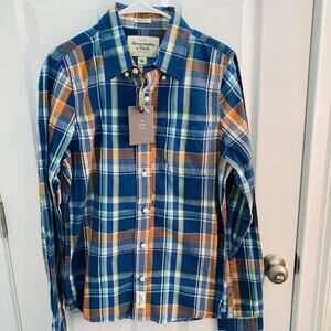 Abercrombie & Fitch Shirt Mens Medium Orange Classic Plaid Muscle Fit Cotton